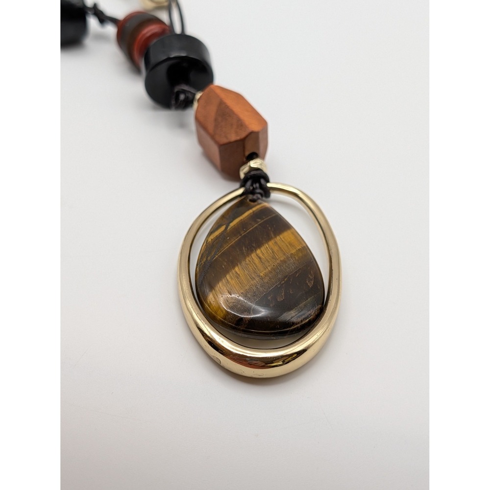 Chico's Tiger Eye Look Pendant Necklace Brown Black Gold Statement‎
